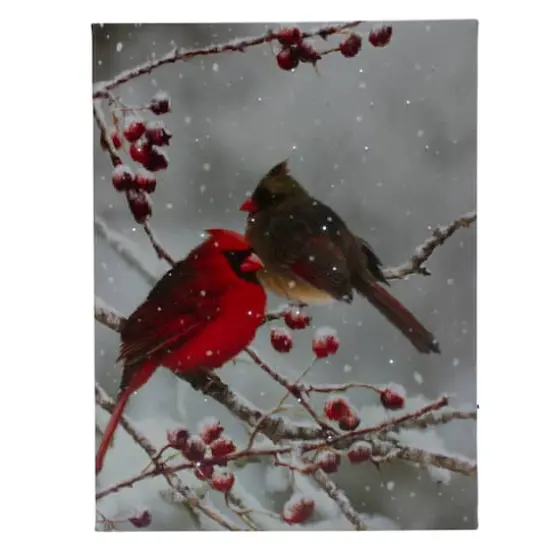 Lighted Red Cardinals & Berries Christmas Canvas Wall Art {1}