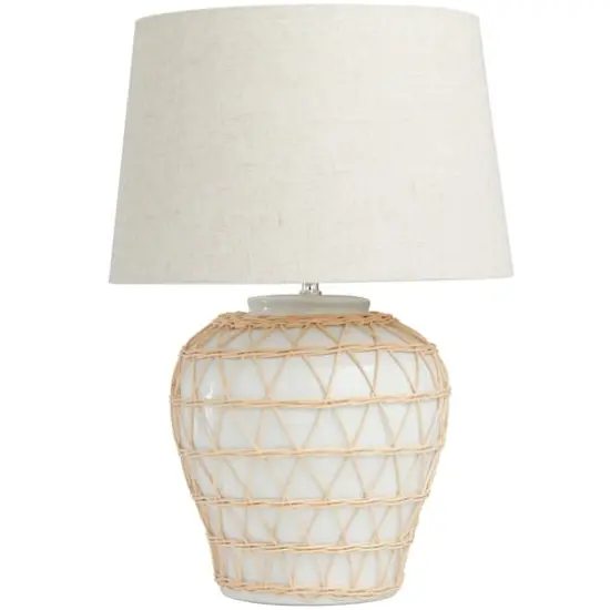 White Ceramic Woven Rattan Table Lamp with Linen Shade {1}