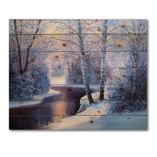 Designart Christmas Forest with River & Trees I Print on Natural Pine Wood {5}