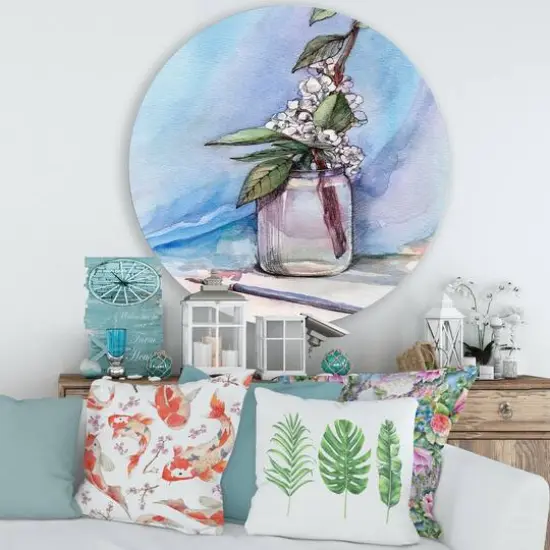 Designart - Cherry Blossom In Glass Jar - Farmhouse Metal Circle Wall Art {4}