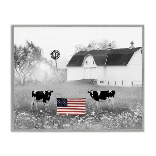 Stupell Industries Americana Barn Country Cows Flag Framed Giclee Art Gray {1}