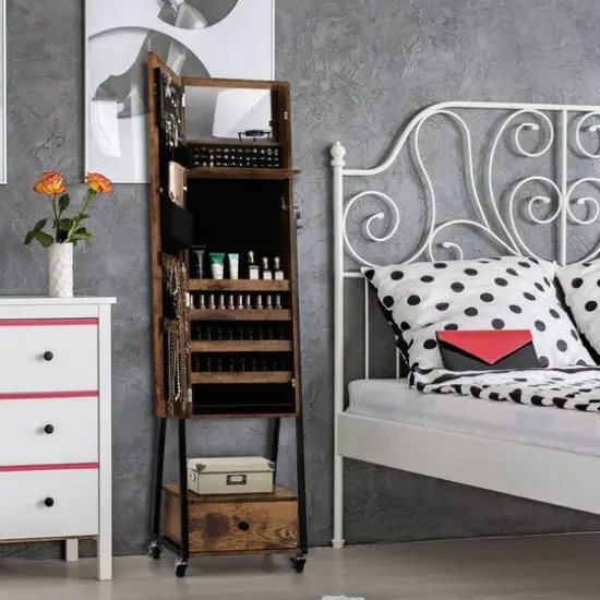 NEX™ 5ft. Burnt Wood Brown Jewelry Armoire on Casters with Chest Drawer {7}