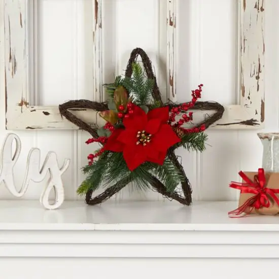 16" Holiday Christmas Poinsettia Star Twig Wreath {4}