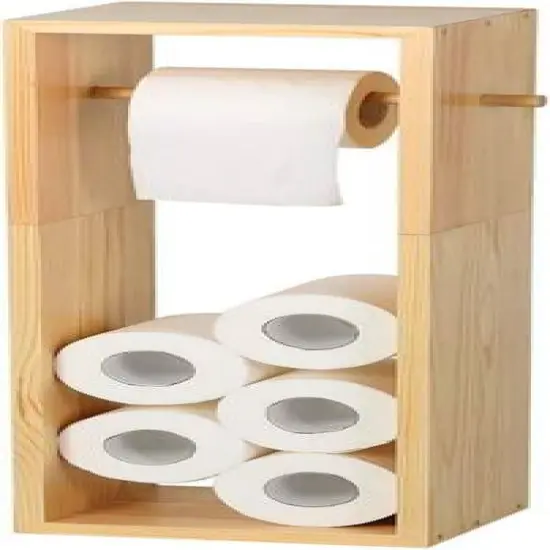 Natural Brown Wood Toilet Paper Holder with 6 Rolls Storage {5}