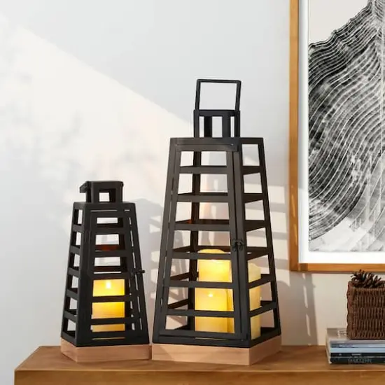 Glitzhome&reg; Black Modern Trapezoid Metal & Wood Lanterns Set {3}