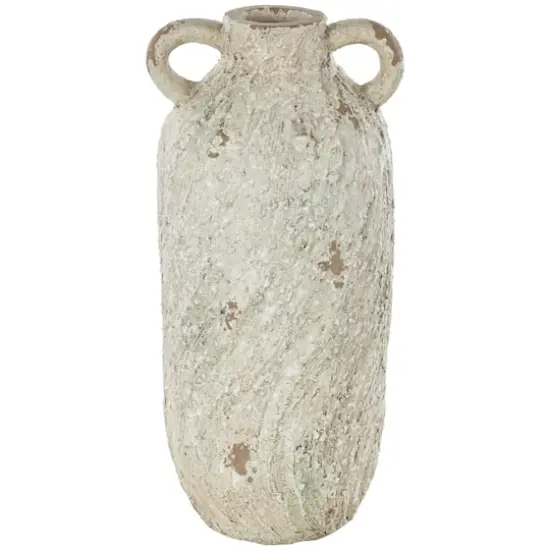 15.5" Cream Magnesium Oxide Antique Textured Amphora Decorative Vase with 2 Small Handles {1}