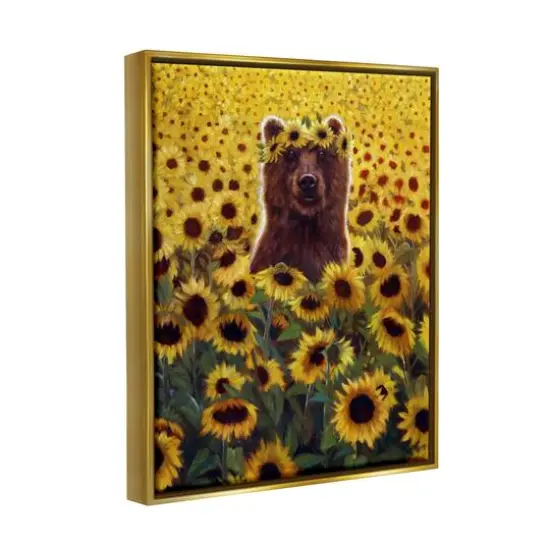 Stupell Industries Happy Bear Sunflower Field Floater Framed Art Gold {4}
