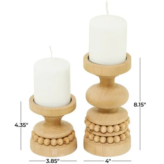 Brown Wood Beaded Pillar Candle Holder Set {6}