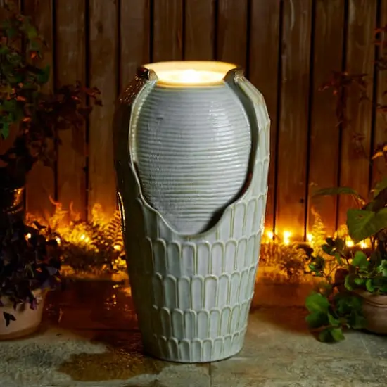 Glitzhome&reg; 28.25" LED Petals Textured Ceramic Jar Outdoor Floor Fountain {4}