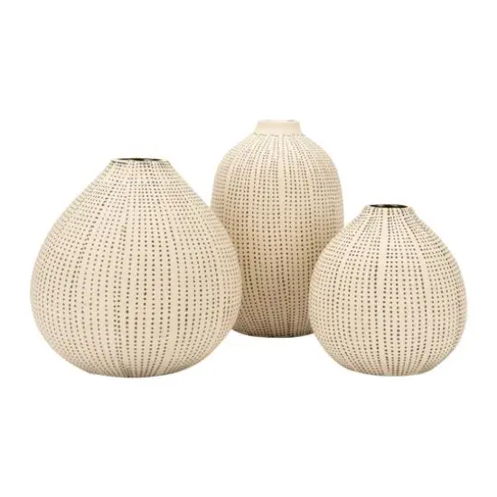 Hello Honey&reg; White Stoneware Vases with Textured Black Polka Dots Set {3}