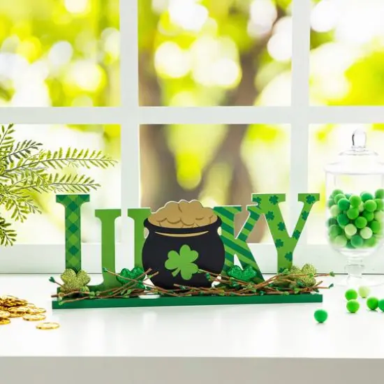 Glitzhome&reg; 15.75" St. Patrick'Lucky Wooden Table Decor {3}
