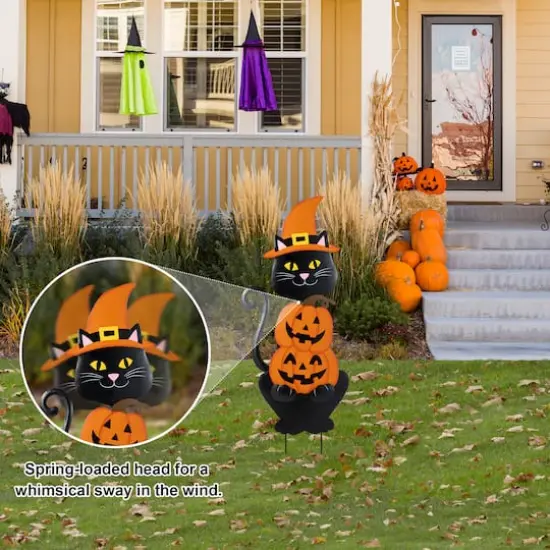Glitzhome&reg; 36"H Halloween Metal Black Cat with Spring Head and Stacked Pumpkin Yard Stake {3}