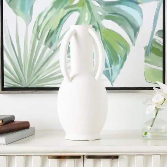 15" White Ceramic Textured Vase with 4 Handles {3}