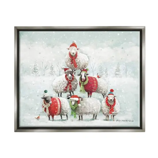 Stupell Industries Winter Sheep Snowy Farm Animals Framed Floater Canvas Wall Art Gray {1}
