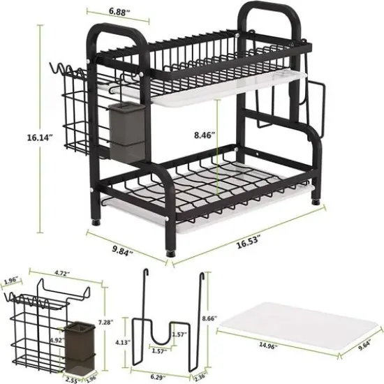 NEX&trade; 16.5" Black 2-Tier Kitchen Dish Rack with Utensil Holder {3}
