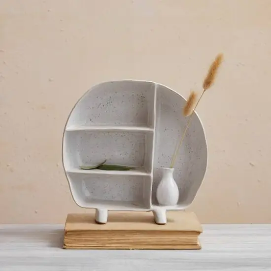 Hello Honey&reg; 8.5" Cream Stoneware Footed Shelf with 4 Compartments & Attached Vase with Reactive Glaze {6}