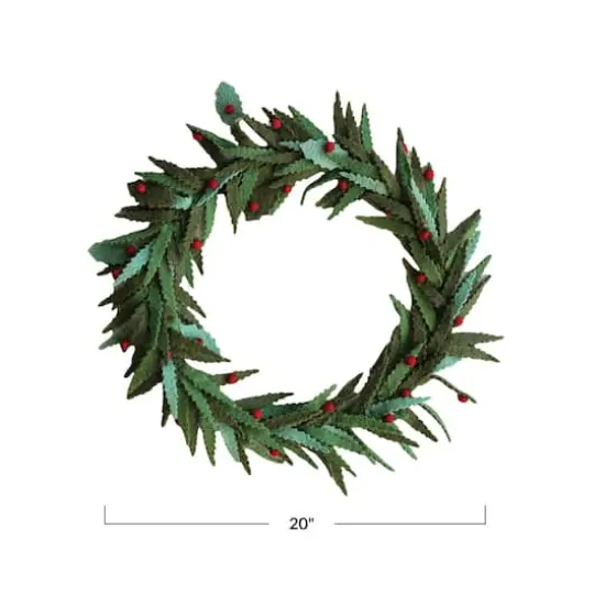 Hello Honey® 20" Green & Red Round Handmade Wool Felt Leaves Wreath with Berries {4}