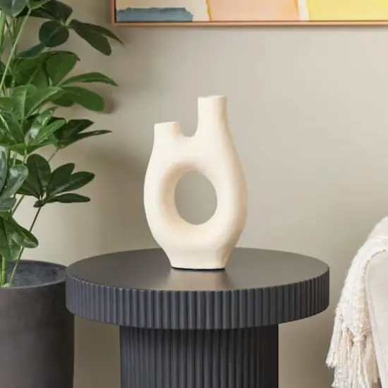 12" Beige Paper Mache Abstract Rounded Vase with Double Openings {3}