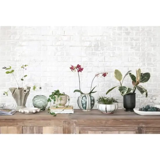 Hello Honey&reg; 9" Cream & Green Reactive Glaze Striped Round Hand-Painted Stoneware Vase {5}