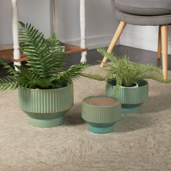 Linear Grooves Wide Ceramic Planter Set Green {3}