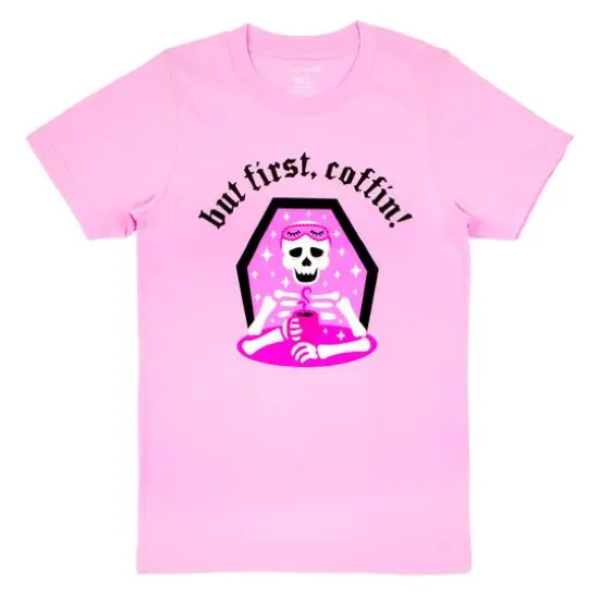 Pink But First, Coffin! Adult Crew Neck T-Shirt by Celebrate It&trade; {1}