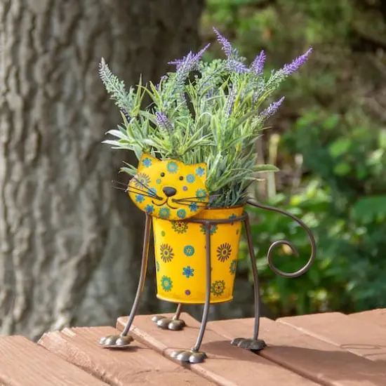 9" Yellow Floral Metal Cat Garden Planter {3}
