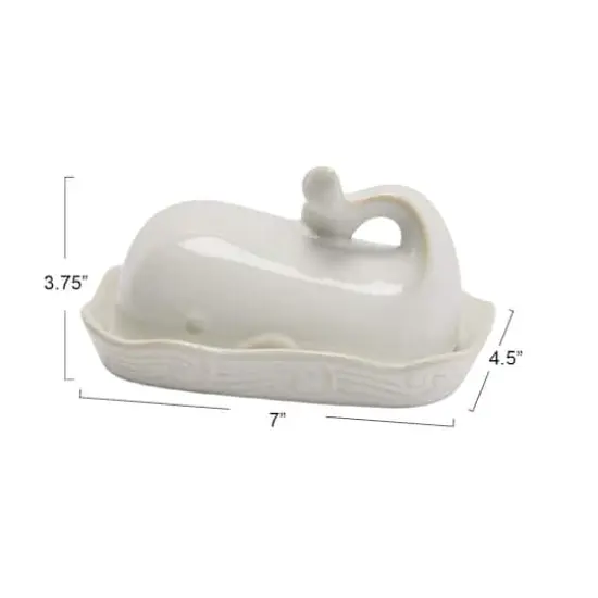Hello Honey&reg; 7" White Coastal Stoneware Whale Shaped Butter Dish {6}