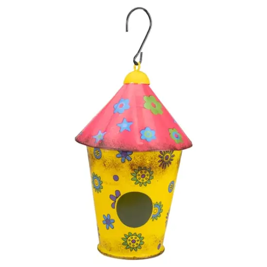 7.75" Red & Yellow Metal Birdhouse With Flowers {1}