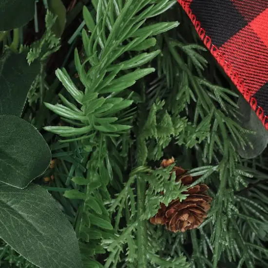 30" Mixed Pine, Leaves & Pinecone Teardrop Swag with Red Buffalo Check Bow {4}