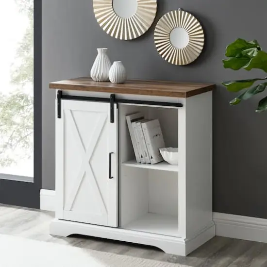 Walker Edison Reclaimed Barnwood 32" Sliding Barn Door Farmhouse Accent Cabinet {1}