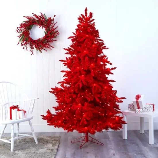 7ft. Pre-Lit Red Fraser Fir Artificial Christmas Tree, Red Lights {3}