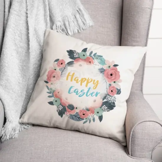 Happy Easter Floral Wreath Throw Pillow {3}