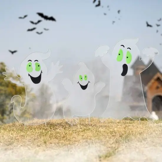 Glitzhome® 3.3ft. Halloween Metal Mesh Glow in Dark Ghost Family Yard Stake Set {4}
