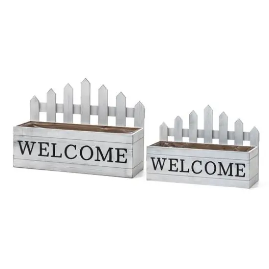 Glitzhome&reg; White Wood WELCOME Fence-Inspired Planter Stand Set {1}