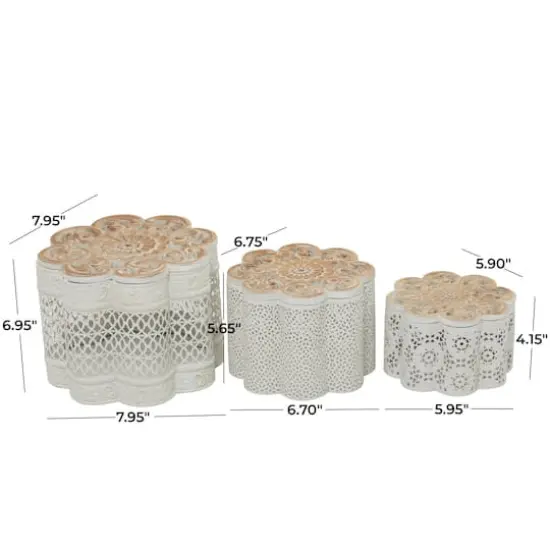 White Metal Quatrefoil Decorative Jars with Wood Carved Lids Set {8}