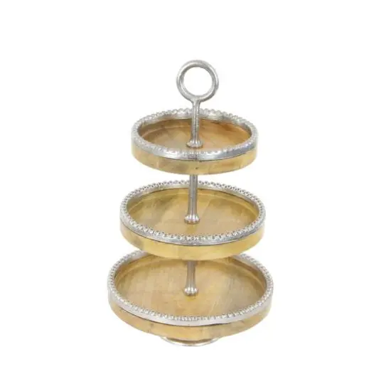 25" Brown Wood& Aluminum 3-Tier Tray Stand {1}