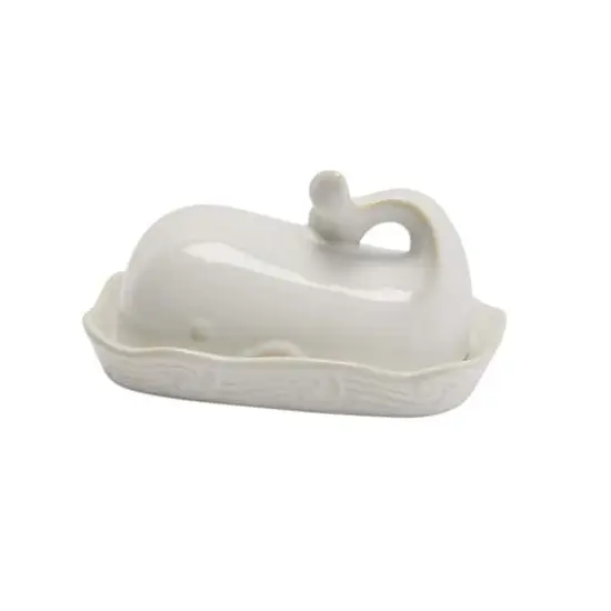 Hello Honey&reg; 7" White Coastal Stoneware Whale Shaped Butter Dish {1}