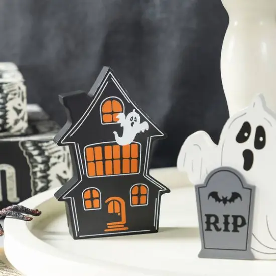 Glitzhome&reg; Halloween Wooden Haunted House, Pumpkin & Ghost Table Block Set {5}