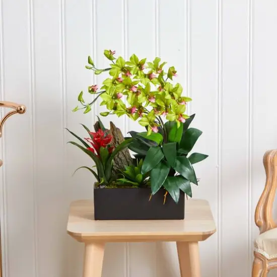 23.5" Green Pigeon Orchid & Bromeliad Arrangement in Black Rectangle Planter {7}