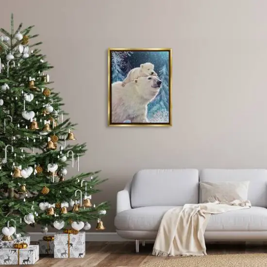 Stupell Industries Polar Bear & Cub Winter Scene Framed Floater Canvas Wall Art Gold {3}