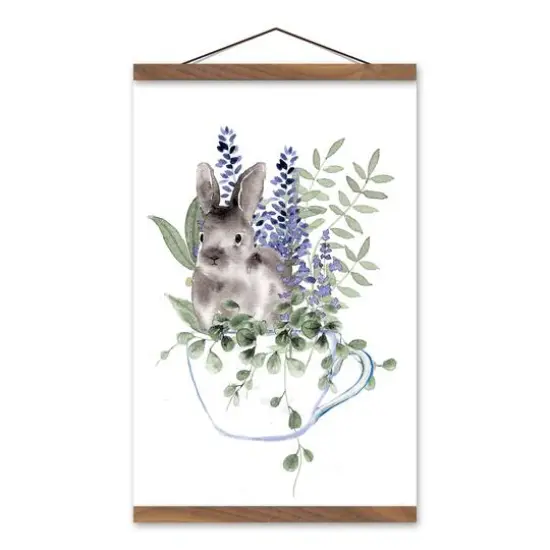 Bunny In Teacup Floral 12" x 18" Teak Hanging Canvas {1}