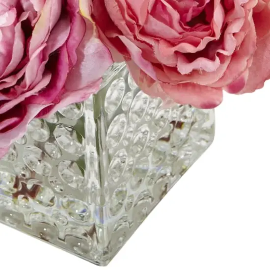 8.5" Pink Peony In Square Textured Glass Vase {4}