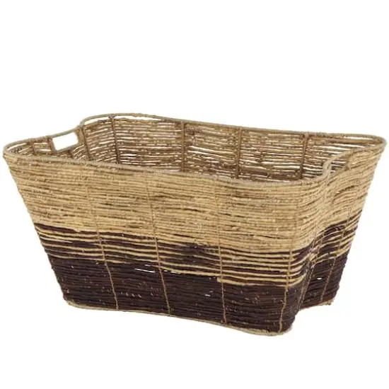 30" Brown Seagrass Handmade Oversized Color Block Storage Basket with Slot Handles {1}