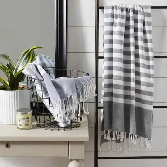 DII&reg; Striped Fouta Towel with Fringe Black {4}