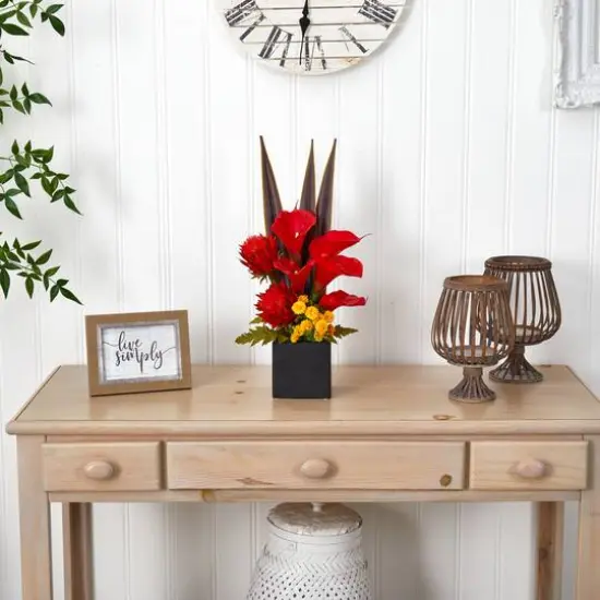 22.5" Red & Orange Tropical Floral & Calla Lily Mixed Arrangement in Vase {3}