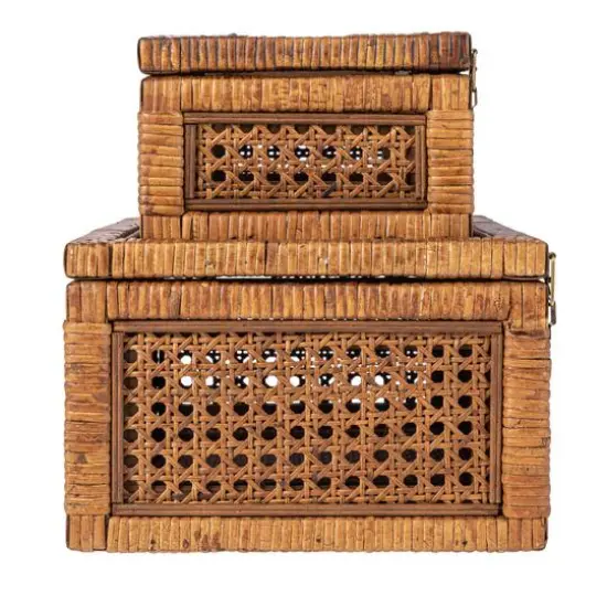 Hello Honey&reg; Dark Brown Modern Decorative Rectangle Woven Rattan & Wood Display Box Set with Glass Top {10}