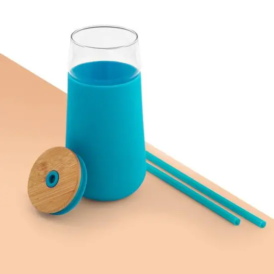 JoyJolt&reg; 20oz. Glass Tumbler with Straws & Silicone Sleeve Aqua {8}