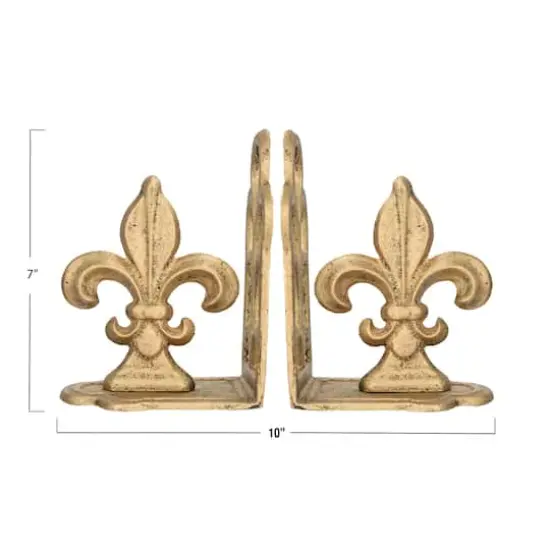 Hello Honey® 10" Fleur de Lis Shaped Iron Bookend Set Distressed Gold {4}
