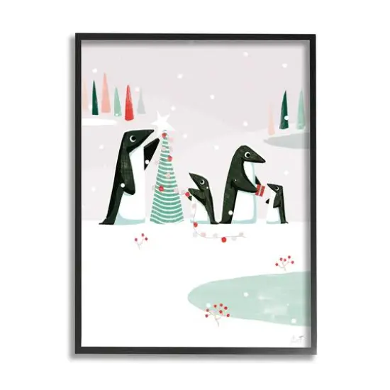 Stupell Industries Penguins Decorating Christmas Tree Framed Giclee Art Black {1}