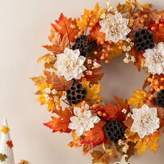 Glitzhome&reg; 24" Fall Dahlia, Lotus Pod and Berry Wreath {5}